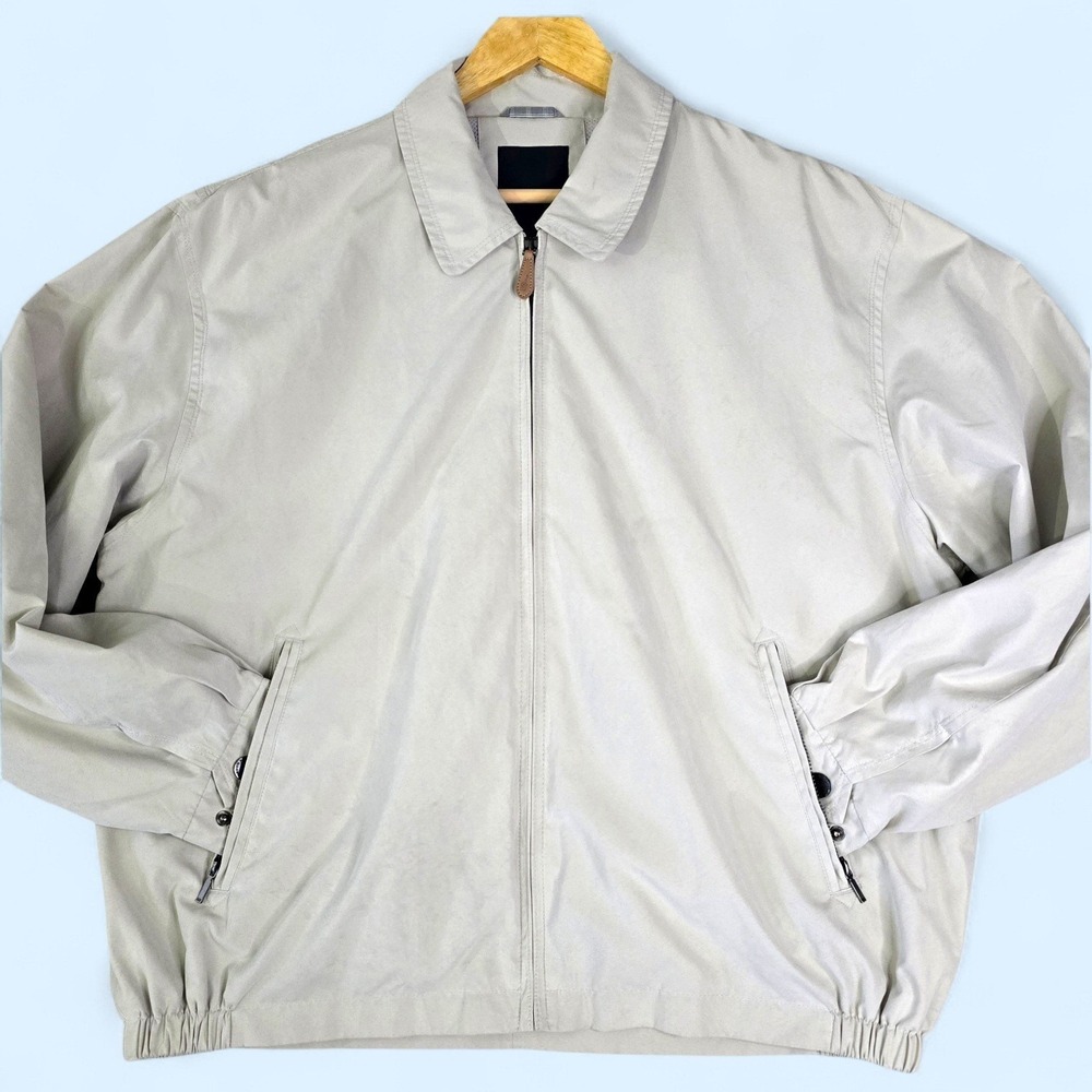 London Fog Men's‎ XL Lightweight Zip Jacket Beige Mesh Lined Plaid Trim Pockets
